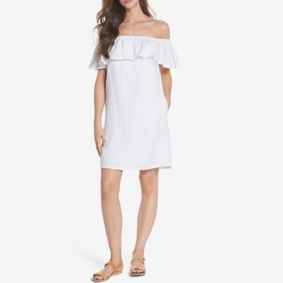 J Crew Linen Blend Off The Shoulders Ruffle Dress - Picture 2 of 7